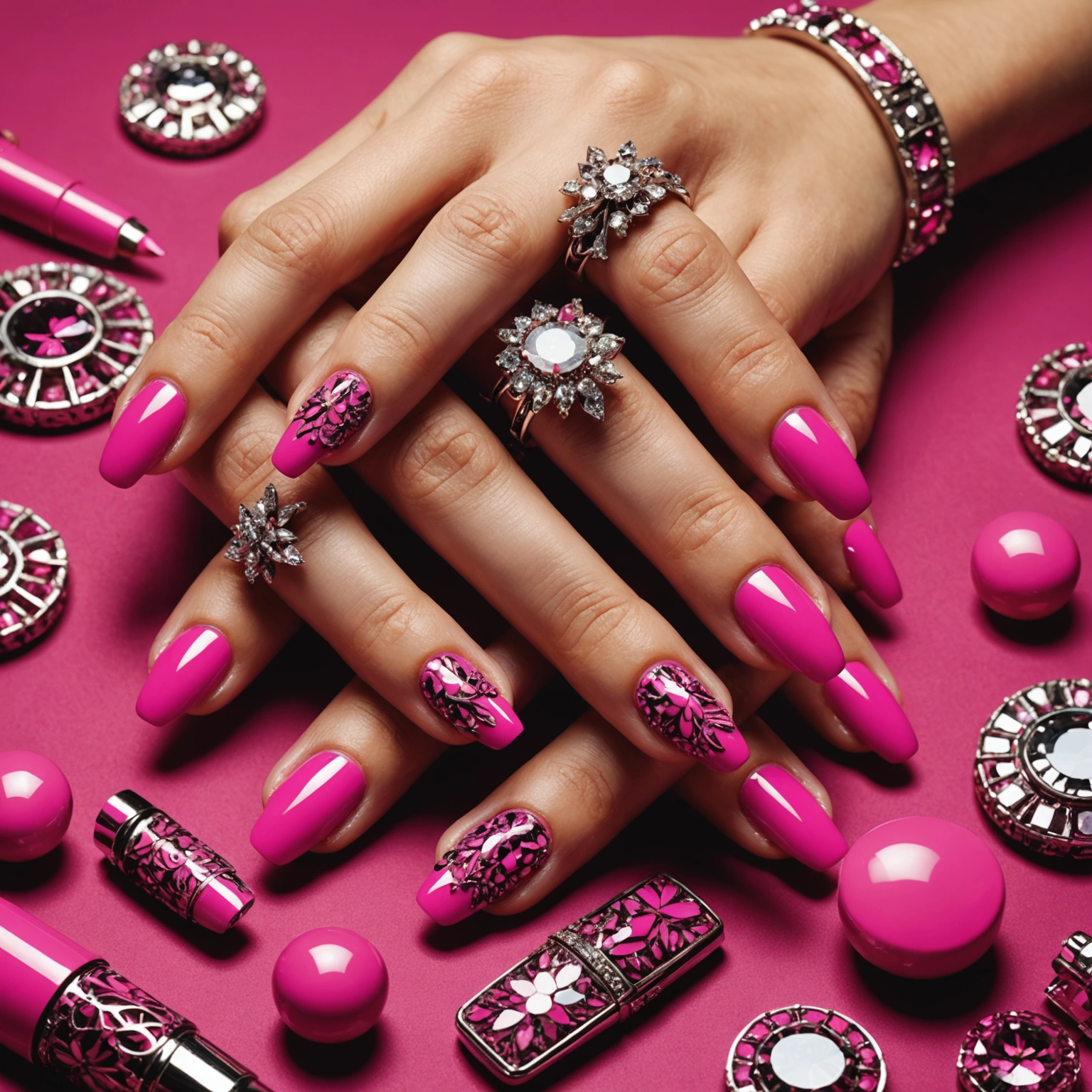 Искусство маникюра: как ярко розовый маникюр и дизайн ногтей со стразами фото новинки меняют правила игры